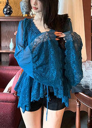 Boutique Peacock Blue V Neck Patchwork Lace Top Flare Sleeve