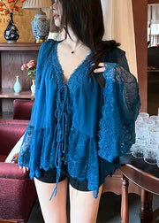 Boutique Peacock Blue V Neck Patchwork Lace Top Flare Sleeve