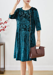 Boutique Peacock Green Jacquard Silk Velour Mid Dress Half Sleeve