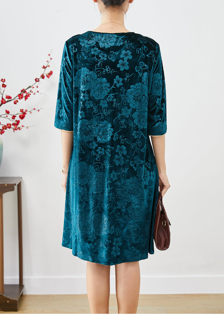 Boutique Peacock Green Jacquard Silk Velour Mid Dress Half Sleeve