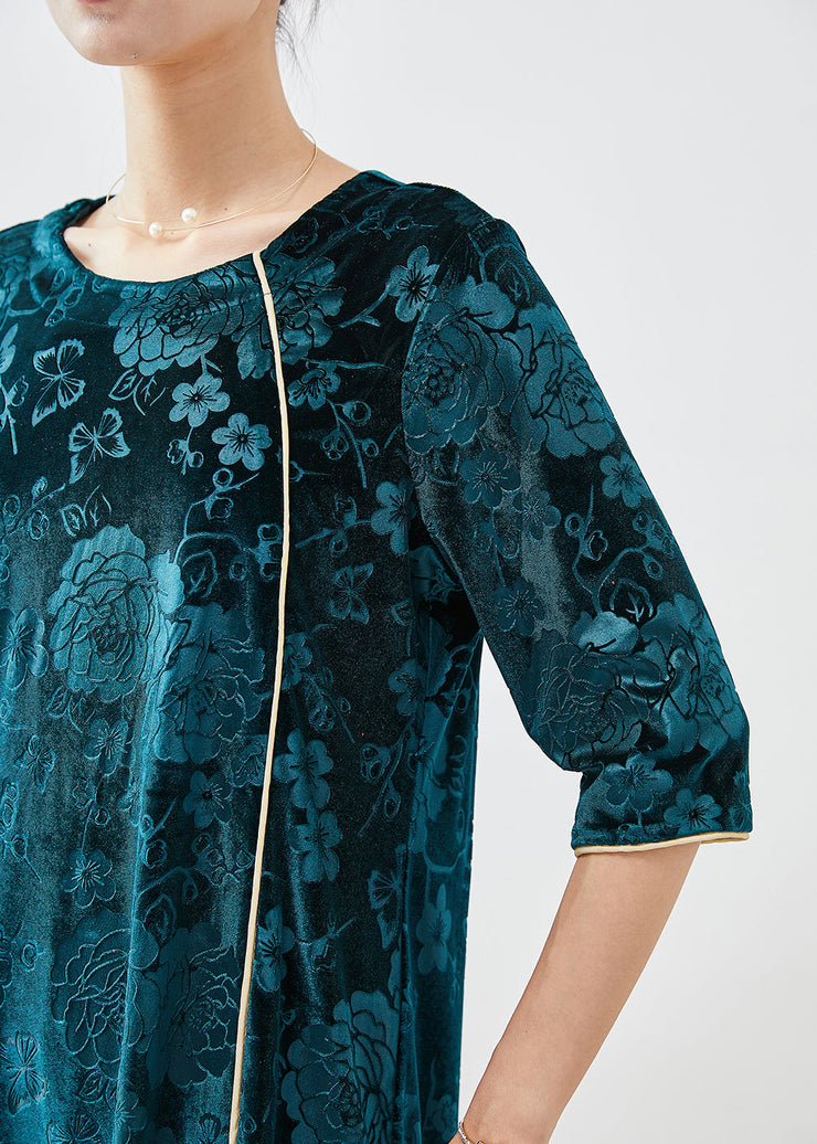 Boutique Peacock Green Jacquard Silk Velour Mid Dress Half Sleeve