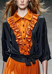 Boutique Peter Pan Collar Ruffled Patchwork Silk Shirts Summer