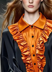 Boutique Peter Pan Collar Ruffled Patchwork Silk Shirts Summer