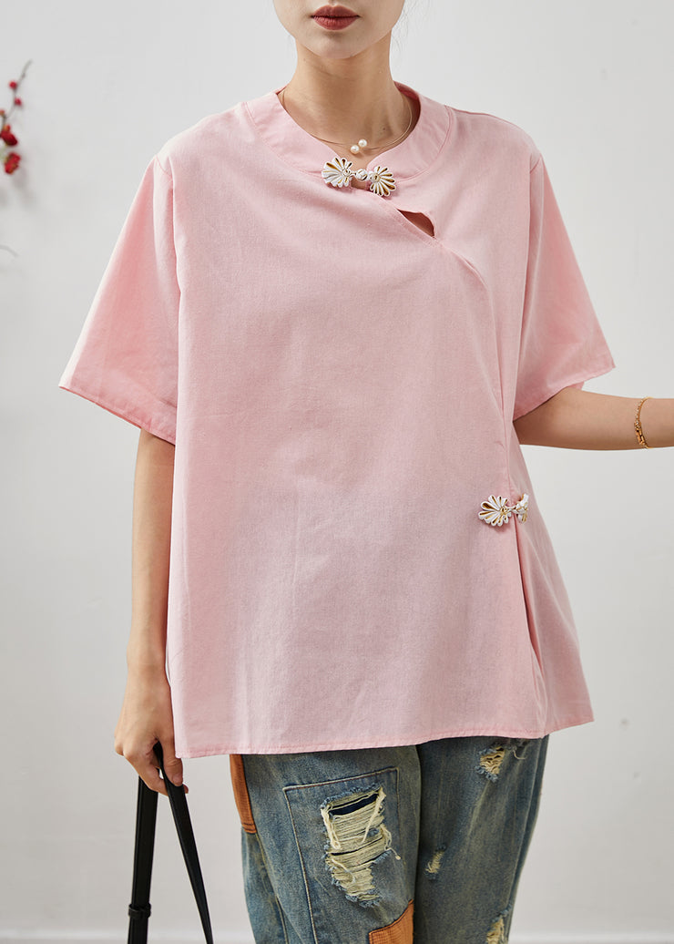 Boutique Pink Chinese Button Cotton Shirt Tops Summer