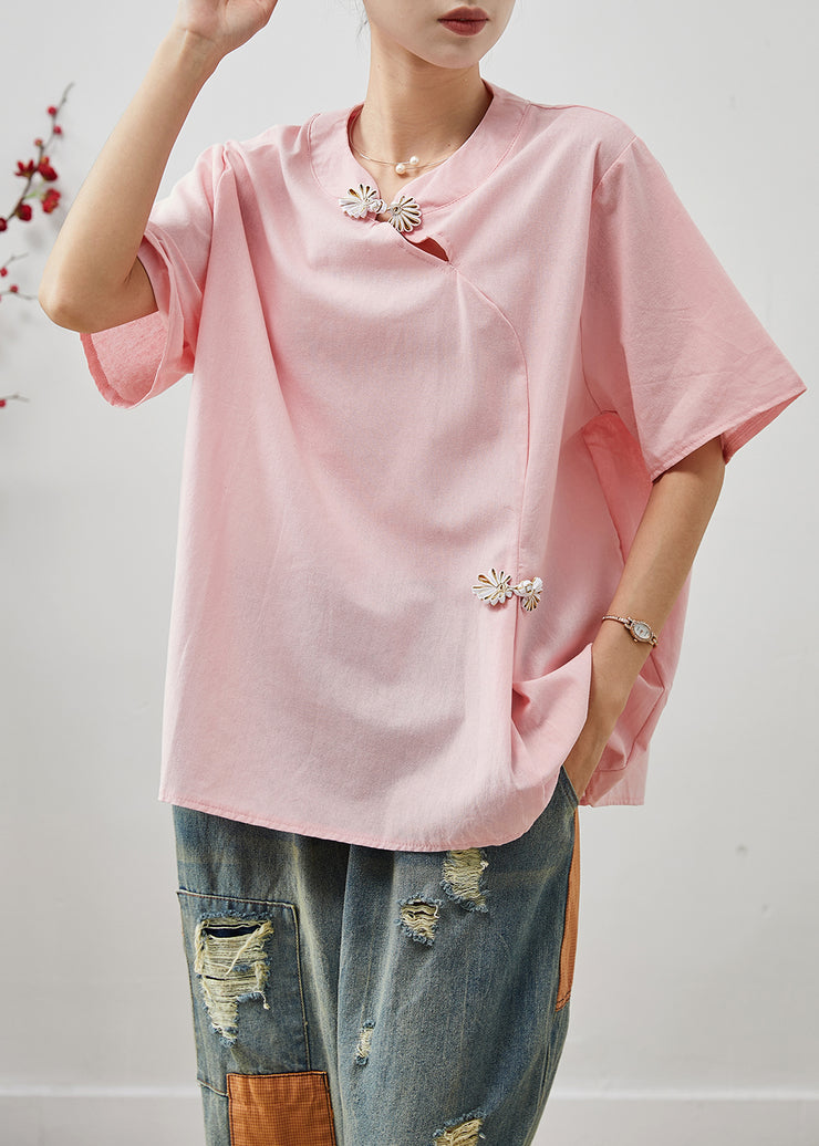 Boutique Pink Chinese Button Cotton Shirt Tops Summer