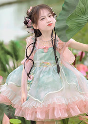 Boutique Pink Embroideried Ruffled Patchwork Tulle Kids Mid Dress Short Sleeve