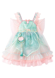 Boutique Pink Embroideried Ruffled Patchwork Tulle Kids Mid Dress Short Sleeve