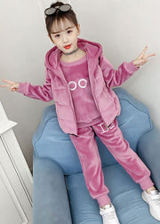 Boutique Pink Embroideried Tops And Pants Velour Girls Two Pieces Set Winter