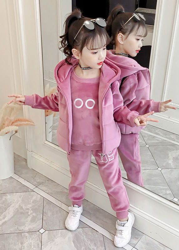 Boutique Pink Embroidered Tops And Pants Velour Girls Two Pieces Set Winter