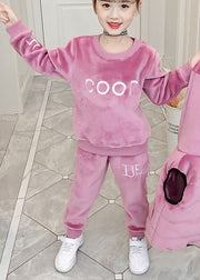 Boutique Pink Embroidered Tops And Pants Velour Girls Two Pieces Set Winter