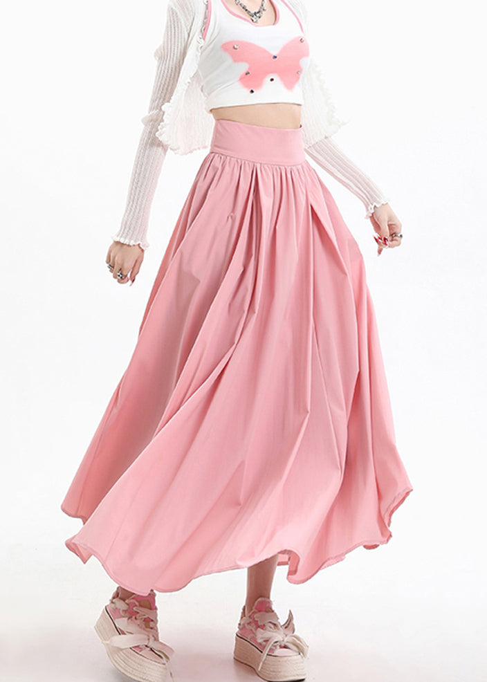 Boutique Pink High Waist Wrinkled Patchwork Cotton Skirts Summer