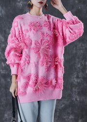 Boutique Pink Jacquard Chunky Knit Sweater Tops Winter