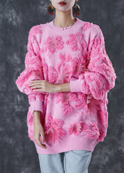 Boutique Pink Jacquard Chunky Knit Sweater Tops Winter