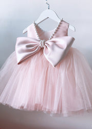 Boutique Pink Nail Bead Bow Tulle Kids Maxi Dresses Sleeveless