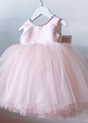 Boutique Pink Nail Bead Bow Tulle Kids Maxi Dresses Sleeveless