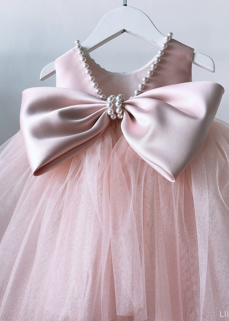 Boutique Pink Nail Bead Bow Tulle Kids Maxi Dresses Sleeveless