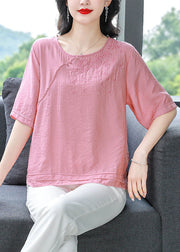 Boutique Pink O Neck Embroidered Cotton Blouses Summer