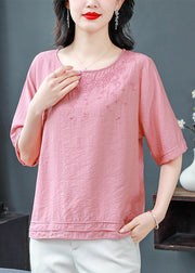 Boutique Pink O Neck Embroidered Cotton Blouses Summer