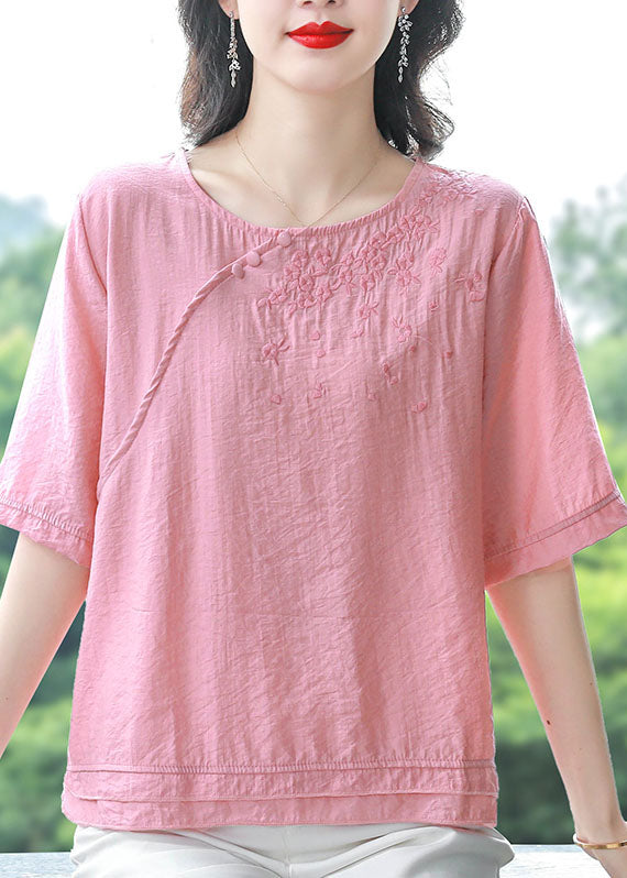 Boutique Pink O Neck Embroidered Cotton Blouses Summer