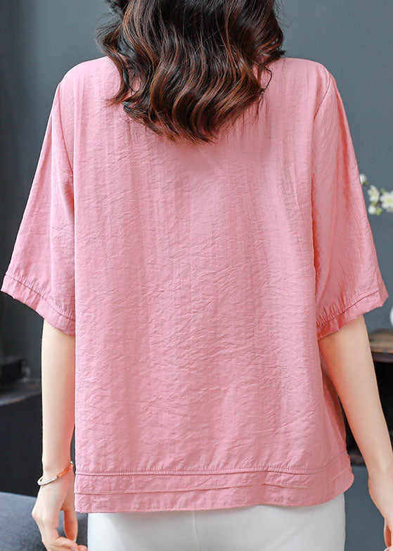 Boutique Pink O Neck Embroidered Cotton Blouses Summer
