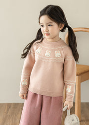 Boutique Pink O-Neck Embroideried Cotton Knit Girls Sweater Tops Spring