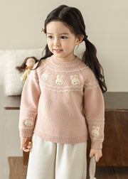 Boutique Pink O-Neck Embroideried Cotton Knit Girls Sweater Tops Spring