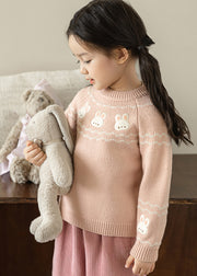 Boutique Pink O-Neck Embroideried Cotton Knit Girls Sweater Tops Spring