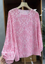 Boutique Pink O Neck Jacquard Silk Velour Blouse Top Spring