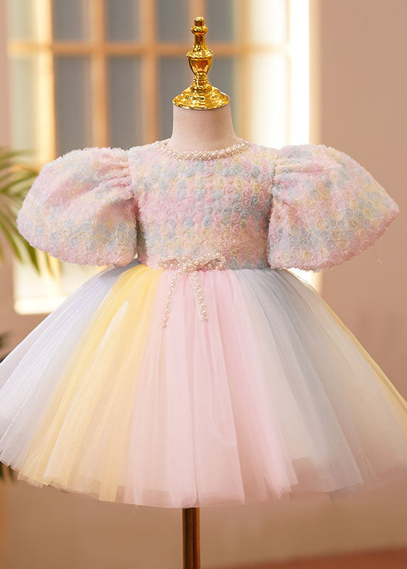 Boutique Pink O-Neck Nail Bead Tulle Kids Vacation Long Dresses Short Sleeve