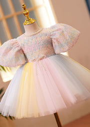 Boutique Pink O-Neck Nail Bead Tulle Kids Vacation Long Dresses Short Sleeve