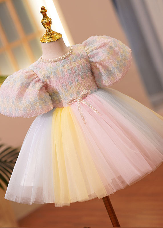 Boutique Pink O-Neck Nail Bead Tulle Kids Vacation Long Dresses Short Sleeve