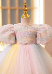 Boutique Pink O-Neck Nail Bead Tulle Kids Vacation Long Dresses Short Sleeve