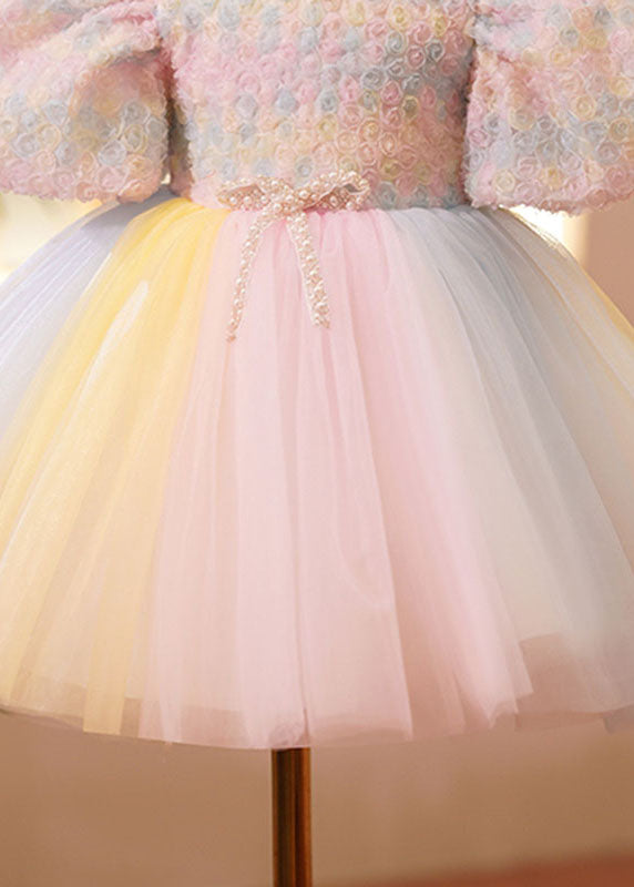 Boutique Pink O-Neck Nail Bead Tulle Kids Vacation Long Dresses Short Sleeve