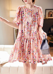 Boutique Pink O Neck Print Wrinkled Chiffon Mid Dress Summer