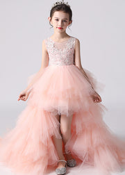 Boutique Pink O-Neck Zircon Detachable Tulle Kids Maxi Dress Sleeveless