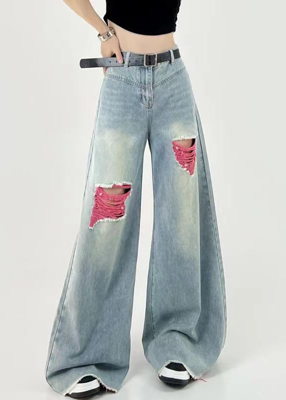 Boutique Pink Patchwork Ripped Denim Wide Leg Pants Fall