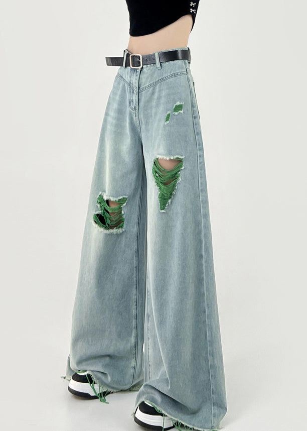 Boutique Pink Patchwork Ripped Denim Wide Leg Pants Fall