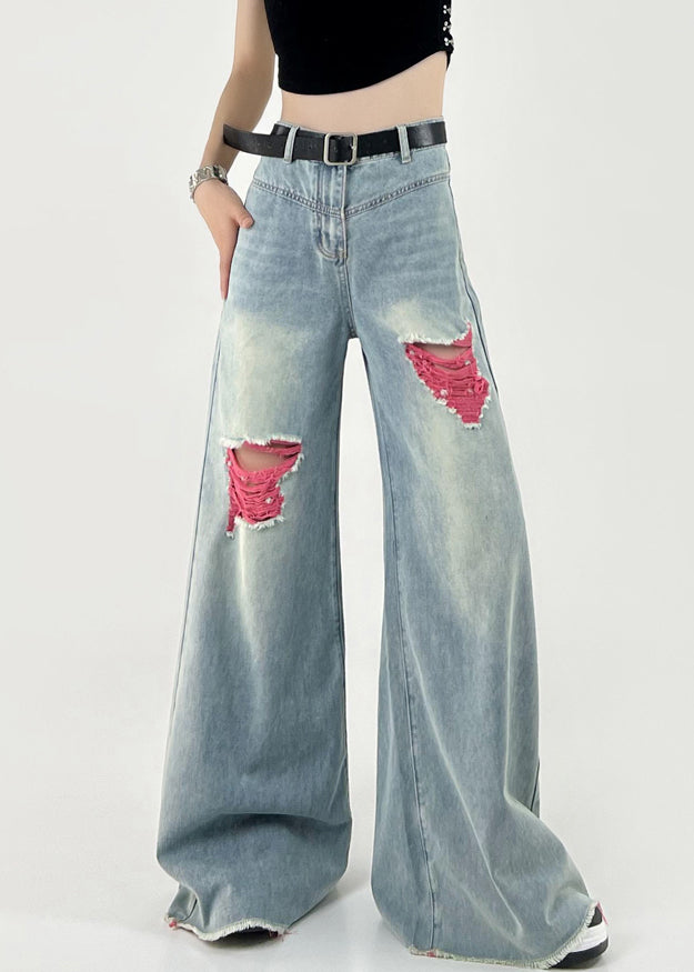 Boutique Pink Patchwork Ripped Denim Wide Leg Pants Spring