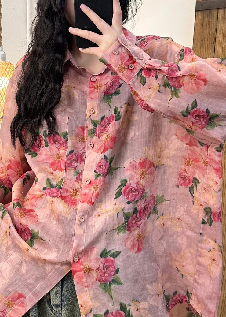 Boutique Pink Peter Pan Collar Print Linen Shirt Fall