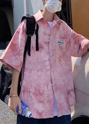 Boutique Pink Peter Pan Collar Tie Dye Cotton Men Shirts Summer