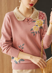 Boutique Pink Peter Pan Collar Zircon Floral Knit Sweaters Spring