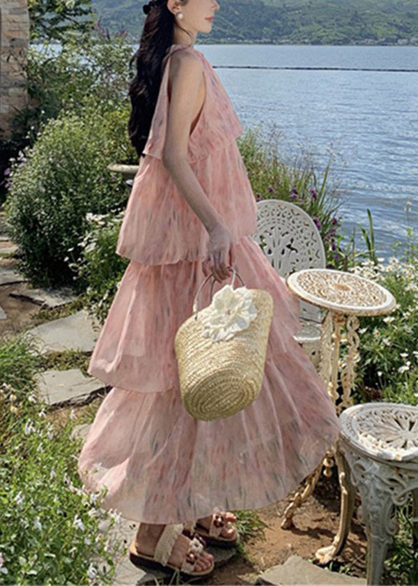 Boutique Pink Print Layered Wrinkled Patchwork Chiffon Dress Sleeveless
