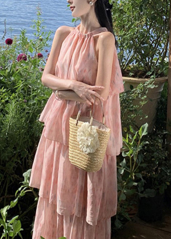 Boutique Pink Print Layered Wrinkled Patchwork Chiffon Dress Sleeveless
