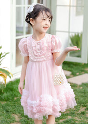 Boutique Pink Puff Sleeve Nail Bead Tulle Baby Girls Mid Dress Summer