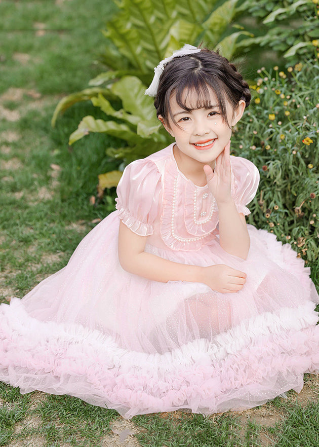 Boutique Pink Puff Sleeve Nail Bead Tulle Baby Girls Mid Dress Summer