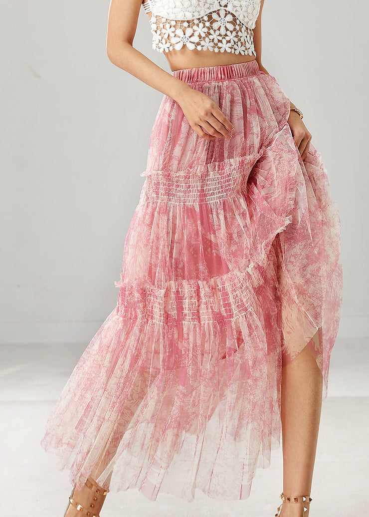 Boutique Pink Ruffled Print Chiffon Vacation Skirt Spring