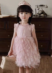 Boutique Pink Ruffled Tulle Patchwork Kids Holiday Feather Mid Dress Sleeveless