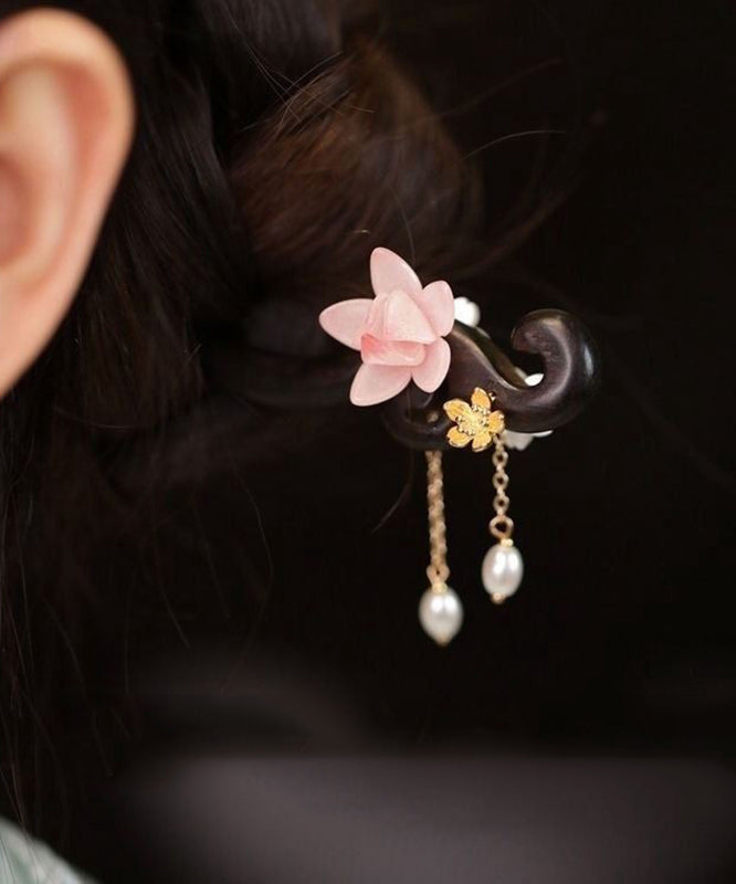 Boutique Pink Sandalwood Pearl Floral Tassel Hairpin