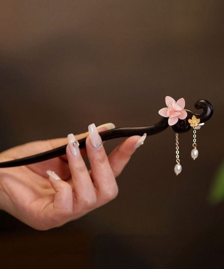 Boutique Pink Sandalwood Pearl Floral Tassel Hairpin