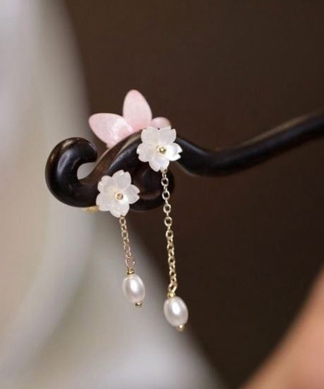 Boutique Pink Sandalwood Pearl Floral Tassel Hairpin